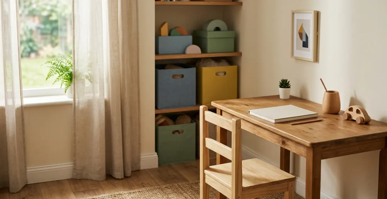 Espace de travail lumineux et organisé pour enfant avec éclairage doux et fournitures scolaires colorées
