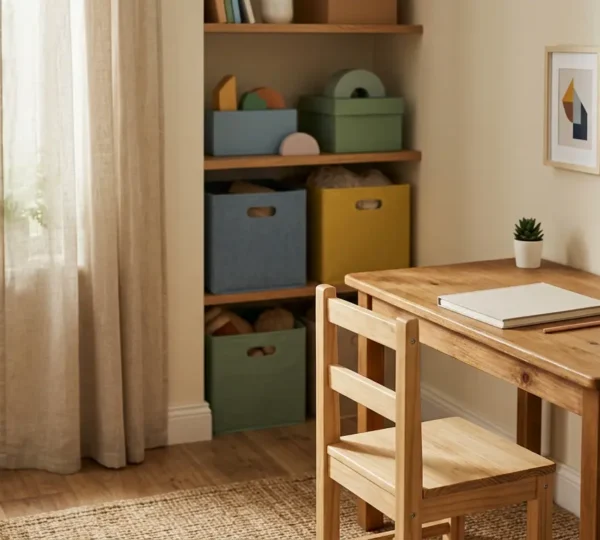 Espace de travail lumineux et organisé pour enfant avec éclairage doux et fournitures scolaires colorées