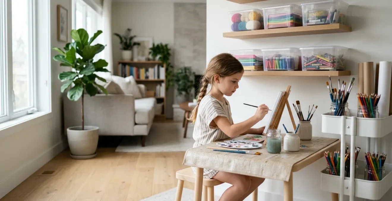 Vue d'ensemble d'un coin créatif dans un salon familial avec matériel organisé et enfant peignant