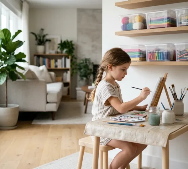 Vue d'ensemble d'un coin créatif dans un salon familial avec matériel organisé et enfant peignant