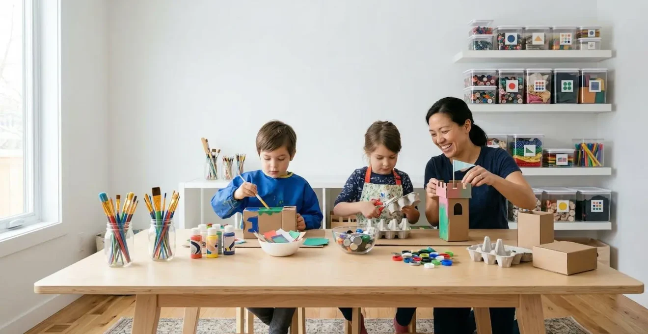 Atelier créatif familial avec enfants utilisant des matériaux recyclés et fournitures économiques