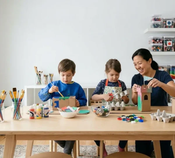 Atelier créatif familial avec enfants utilisant des matériaux recyclés et fournitures économiques