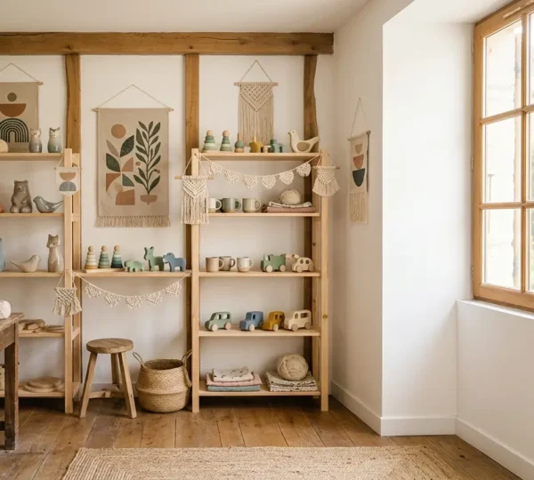 Atelier lumineux de création artisanale avec objets décoratifs colorés pour chambre d'enfant
