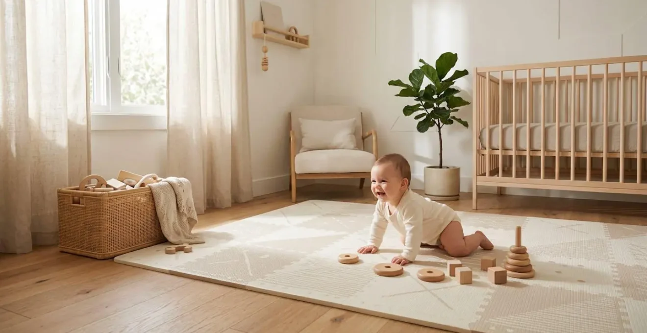 Bébé explorant en toute sécurité sur un tapis d'éveil aux textures naturelles