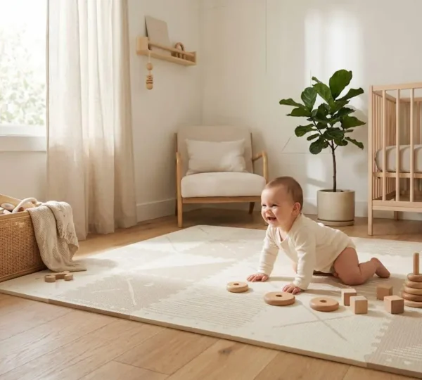 Bébé explorant en toute sécurité sur un tapis d'éveil aux textures naturelles