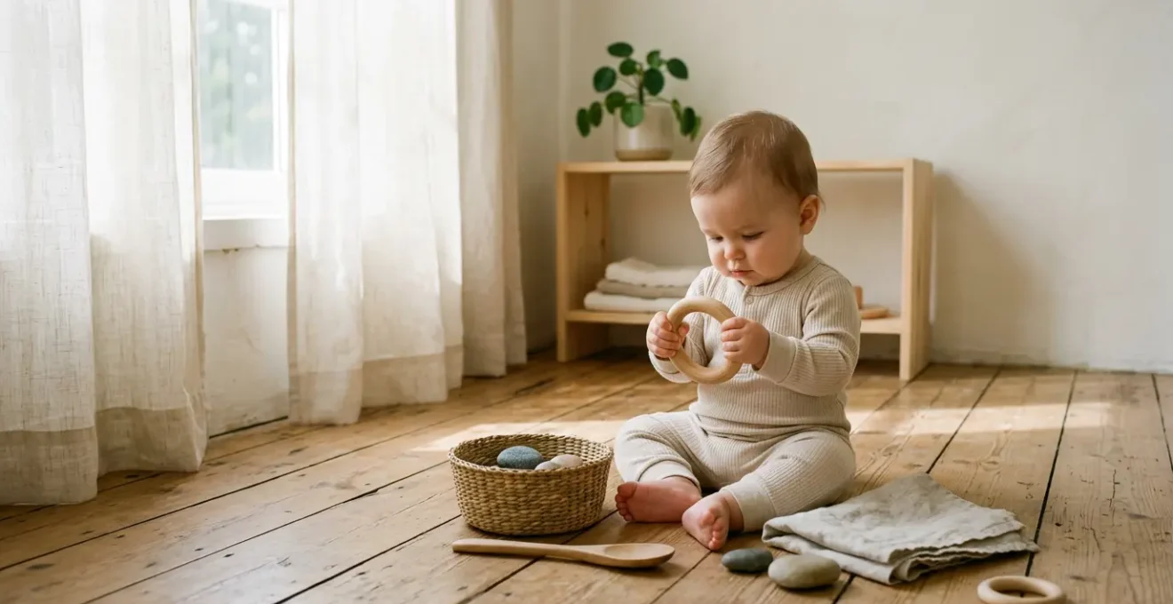 Bébé explorant des objets naturels simples sur un sol en bois clair