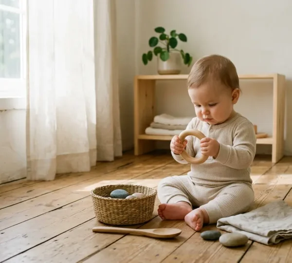 Bébé explorant des objets naturels simples sur un sol en bois clair