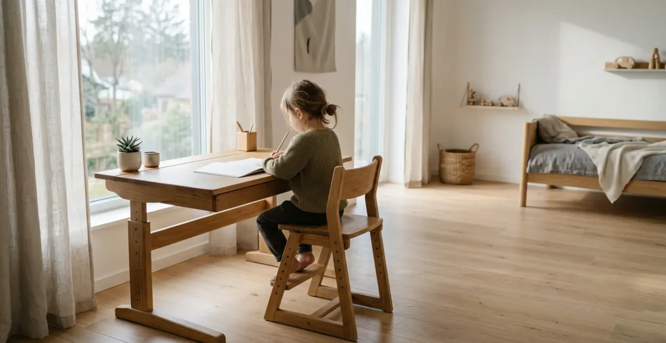 Bureau évolutif dans une chambre d'enfant baignée de lumière naturelle