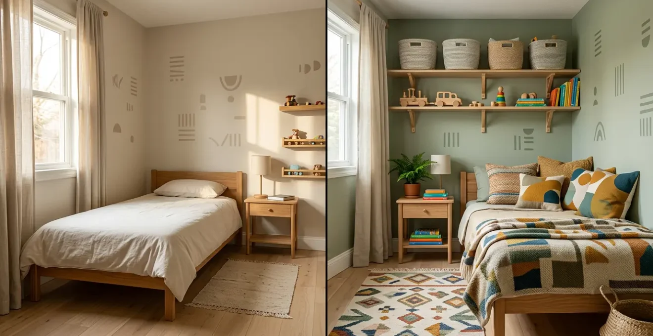Transformation d'une chambre d'enfant avec changement de décoration murale et d'accessoires colorés