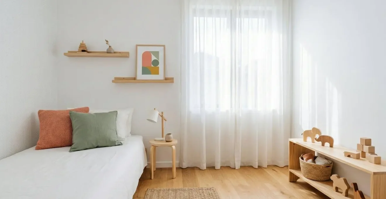 Chambre d'enfant lumineuse avec murs blancs et accessoires colorés harmonieux
