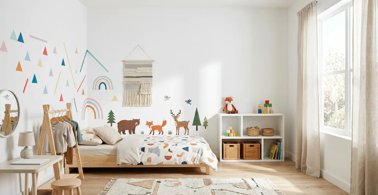 Chambre d'enfant colorée avec décorations murales amovibles et espaces de jeu créatifs