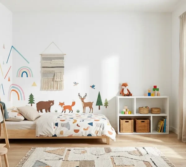 Chambre d'enfant colorée avec décorations murales amovibles et espaces de jeu créatifs
