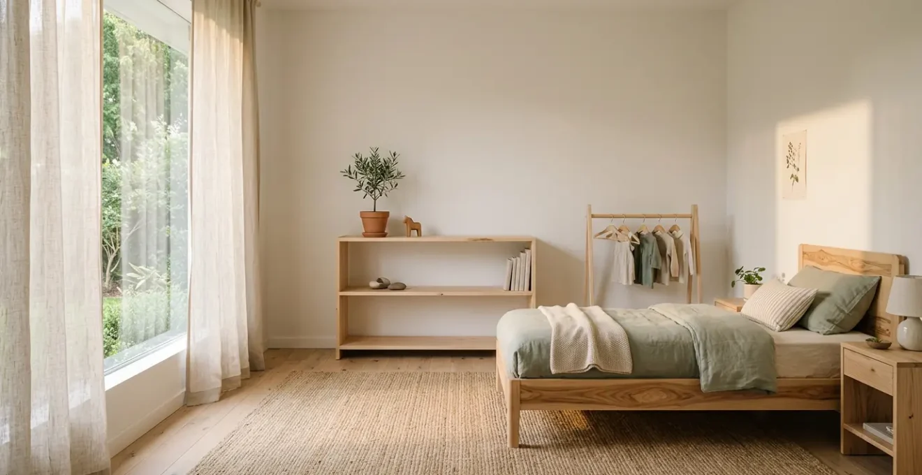 Chambre d'enfant écologique avec meubles en bois naturel et lumière douce traversant la fenêtre