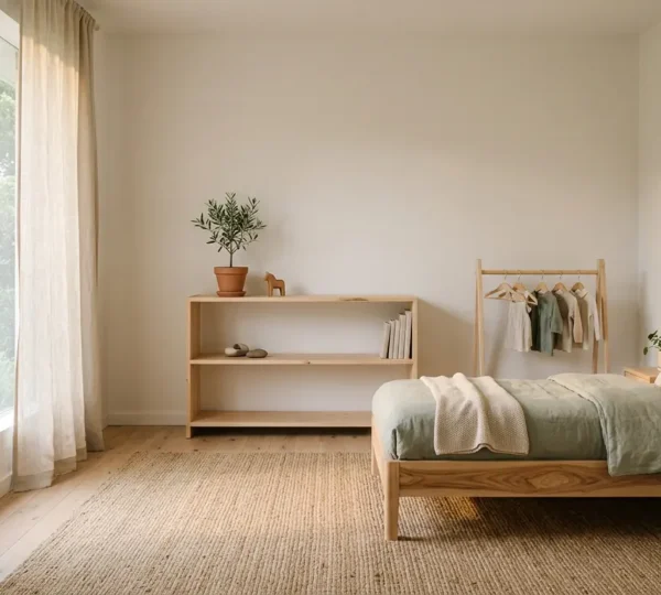 Chambre d'enfant écologique avec meubles en bois naturel et lumière douce traversant la fenêtre