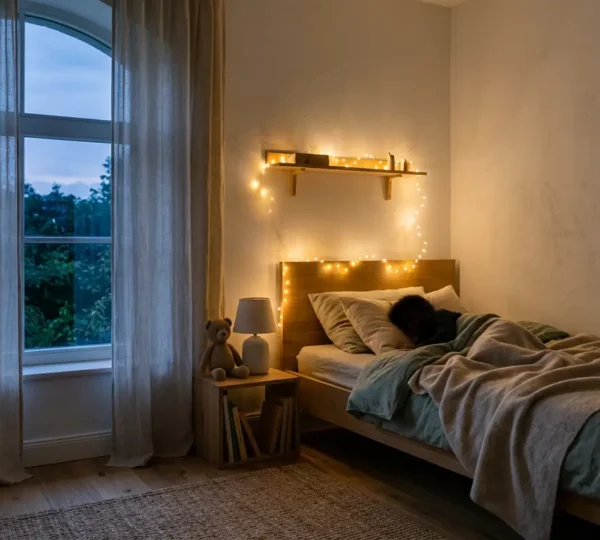 Chambre d'enfant avec guirlande LED lumineuse créant une atmosphère douce et apaisante pour le sommeil
