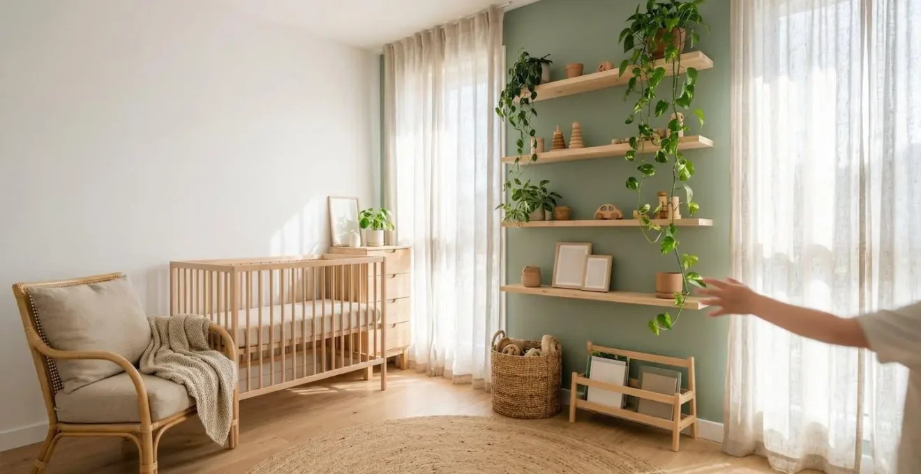Chambre d'enfant lumineuse avec ambiance nature, plantes vertes et mobilier en bois naturel
