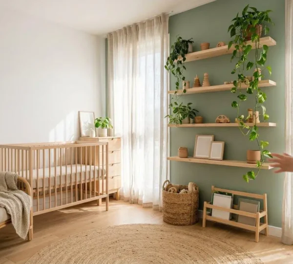 Chambre d'enfant lumineuse avec ambiance nature, plantes vertes et mobilier en bois naturel