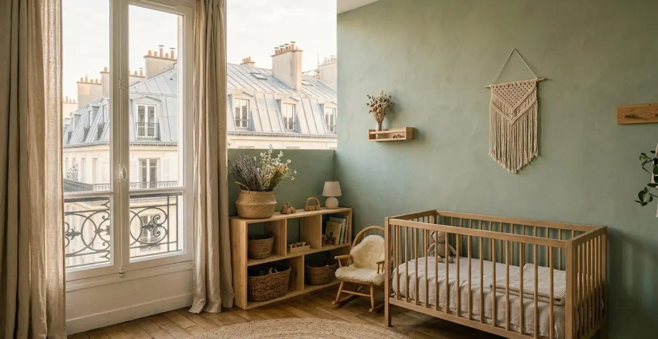 Ambiance champêtre dans une chambre d'enfant avec vue sur les toits parisiens