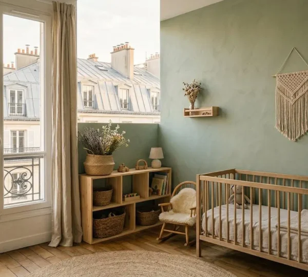 Ambiance champêtre dans une chambre d'enfant avec vue sur les toits parisiens