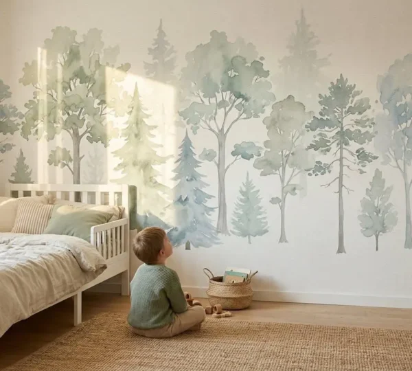 Chambre d'enfant apaisante avec papier peint panoramique représentant une forêt enchantée aux tons pastel
