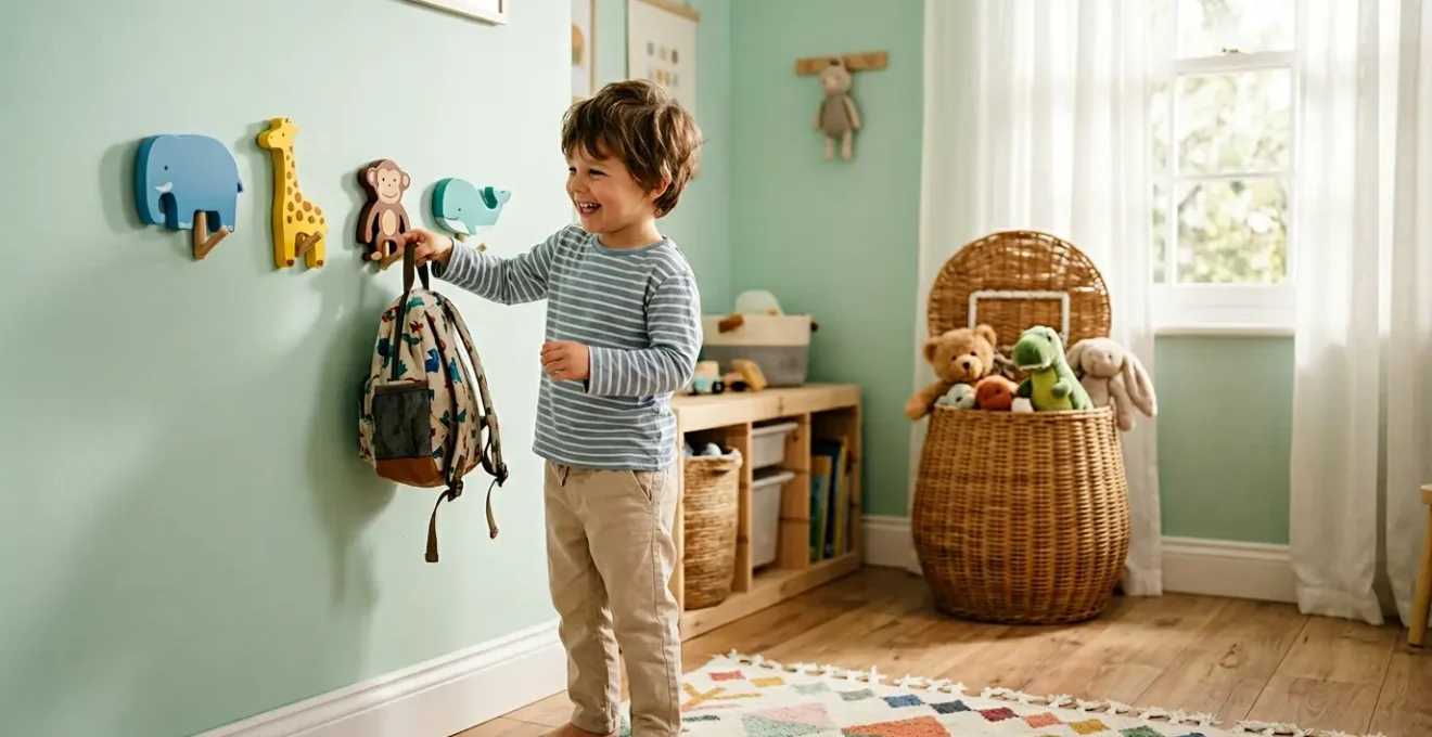 Chambre d'enfant lumineuse avec rangements colorés en forme d'animaux et enfant qui joue à ranger ses jouets