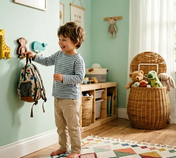 Chambre d'enfant lumineuse avec rangements colorés en forme d'animaux et enfant qui joue à ranger ses jouets