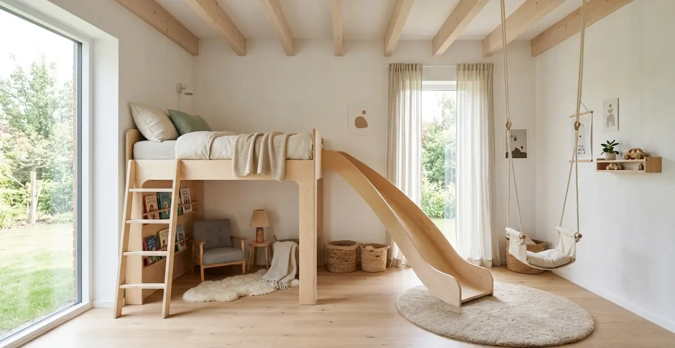 Chambre d'enfant lumineuse avec toboggan en bois et balançoire d'intérieur installée au plafond