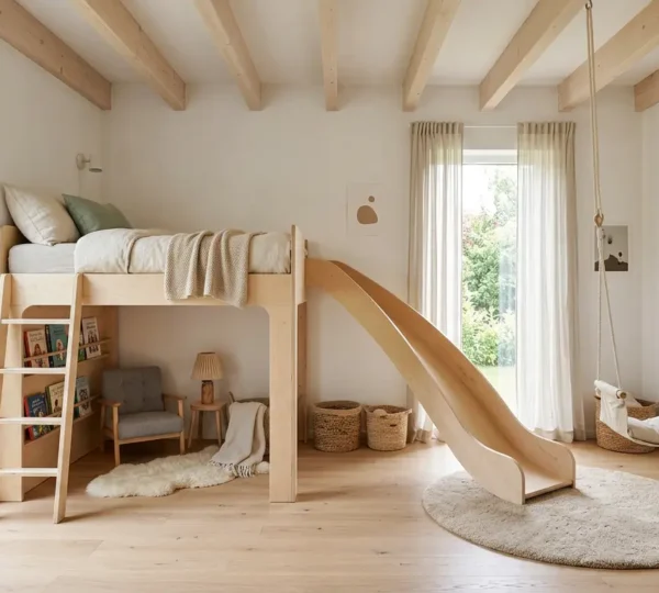Chambre d'enfant lumineuse avec toboggan en bois et balançoire d'intérieur installée au plafond