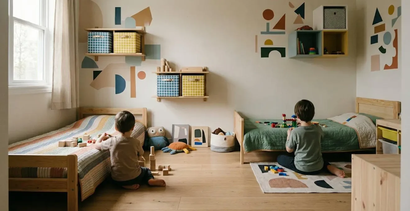 Deux enfants jouent paisiblement dans leur chambre partagée de 9m² avec zones personnelles bien délimitées