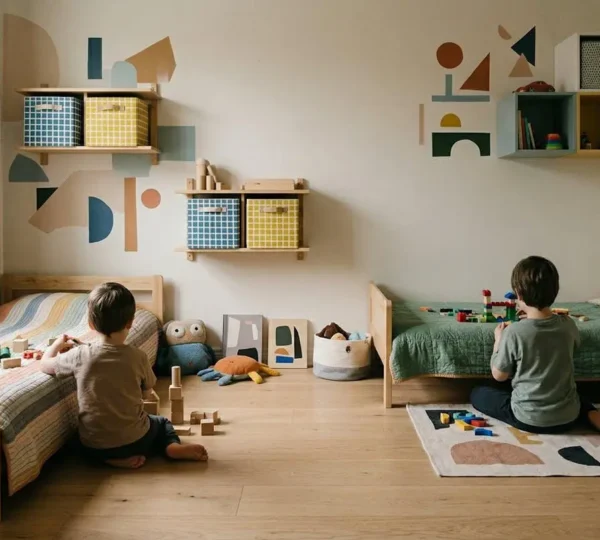 Deux enfants jouent paisiblement dans leur chambre partagée de 9m² avec zones personnelles bien délimitées