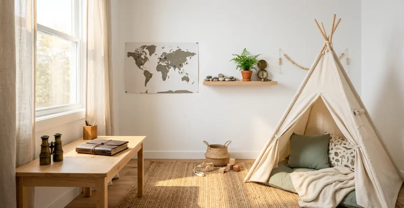 Chambre d'enfant explorateur avec carte du monde murale, jumelles vintage sur bureau en bois, et tente de jeu créant une ambiance d'aventure