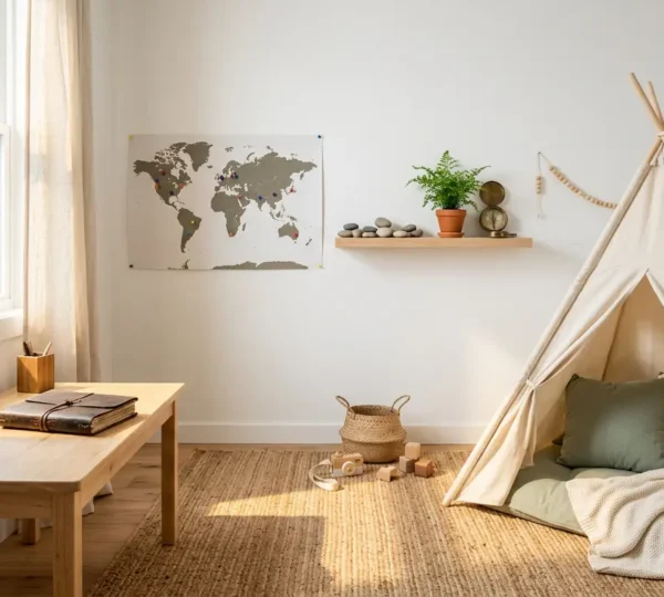 Chambre d'enfant explorateur avec carte du monde murale, jumelles vintage sur bureau en bois, et tente de jeu créant une ambiance d'aventure