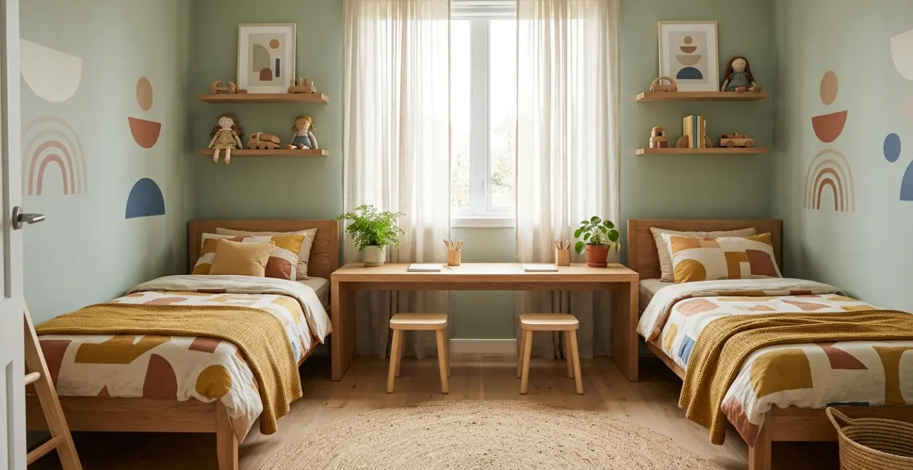 Chambre d'enfants partagée avec deux espaces personnalisés dans des tons vert sauge et jaune moutarde