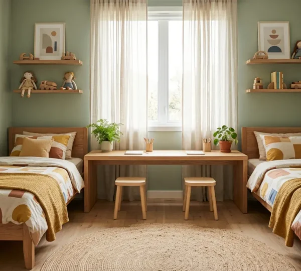 Chambre d'enfants partagée avec deux espaces personnalisés dans des tons vert sauge et jaune moutarde