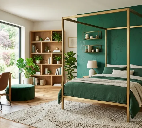 Chambre de princesse moderne avec murs vert émeraude et touches dorées, mobilier en bois naturel