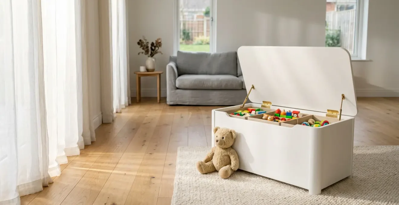 Salon lumineux avec coffre à jouets en bois blanc aux angles arrondis, couvercle ouvert révélant des jouets colorés organisés en compartiments intérieurs