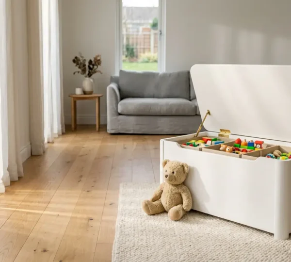 Salon lumineux avec coffre à jouets en bois blanc aux angles arrondis, couvercle ouvert révélant des jouets colorés organisés en compartiments intérieurs