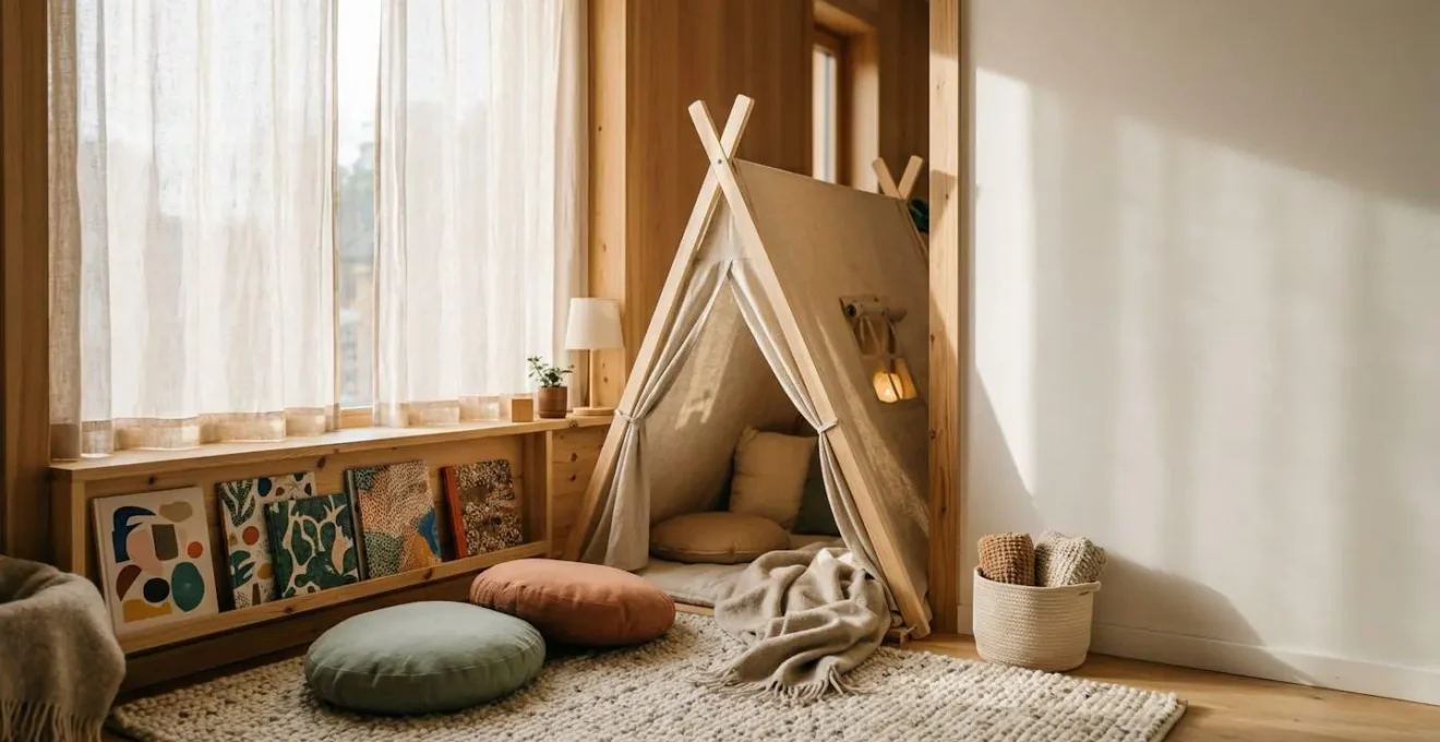 Espace de lecture Montessori dans un petit coin douillet avec livres présentés de face et coussins colorés