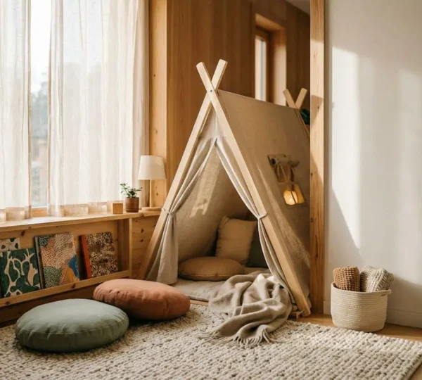 Espace de lecture Montessori dans un petit coin douillet avec livres présentés de face et coussins colorés