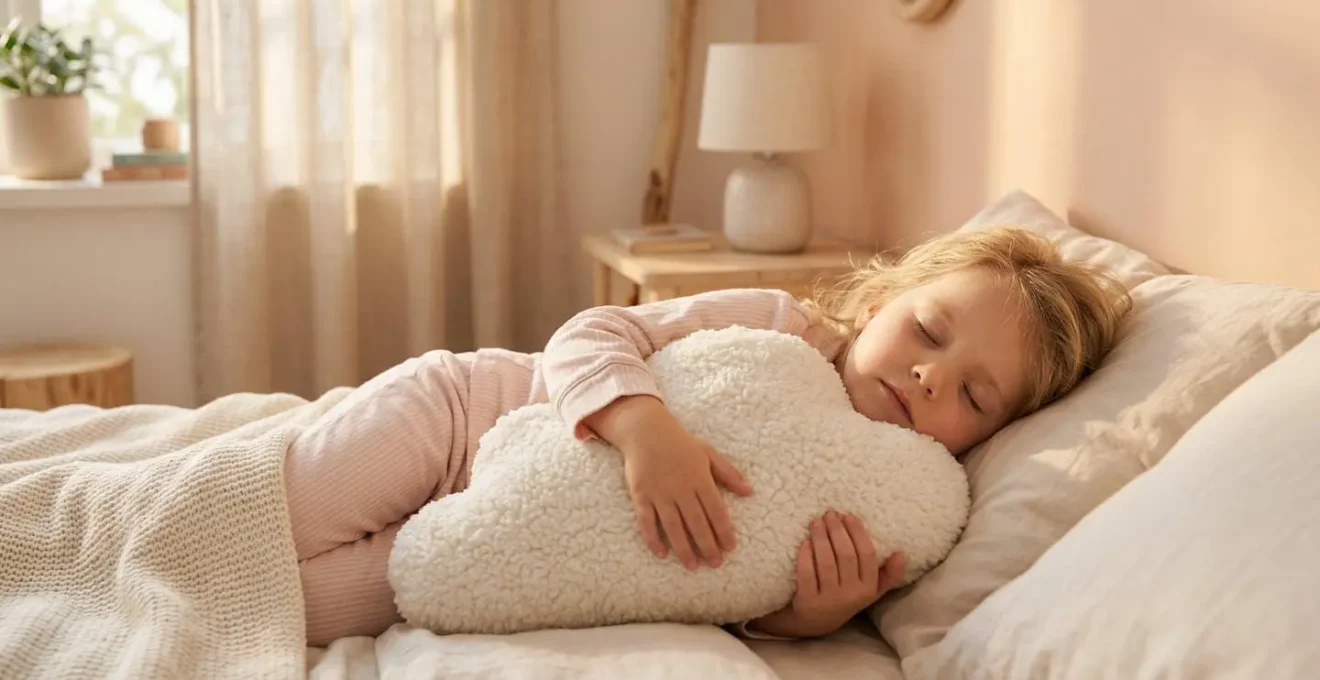 Enfant serein dormant avec un coussin nuage dans une chambre douce