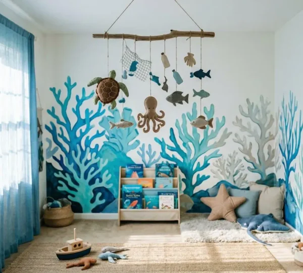 Chambre d'enfant avec décoration sous-marine colorée et éducative sur la pollution plastique