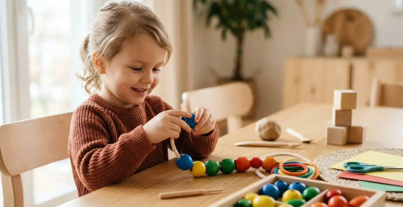 Enfant souriant concentré sur des activités manuelles ludiques développant la motricité fine