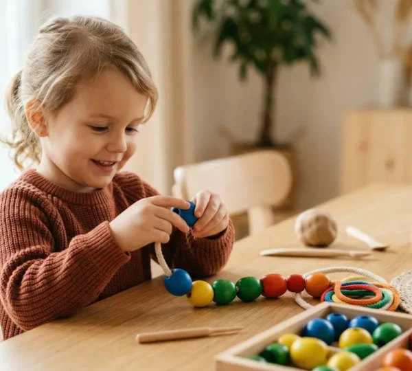 Enfant souriant concentré sur des activités manuelles ludiques développant la motricité fine