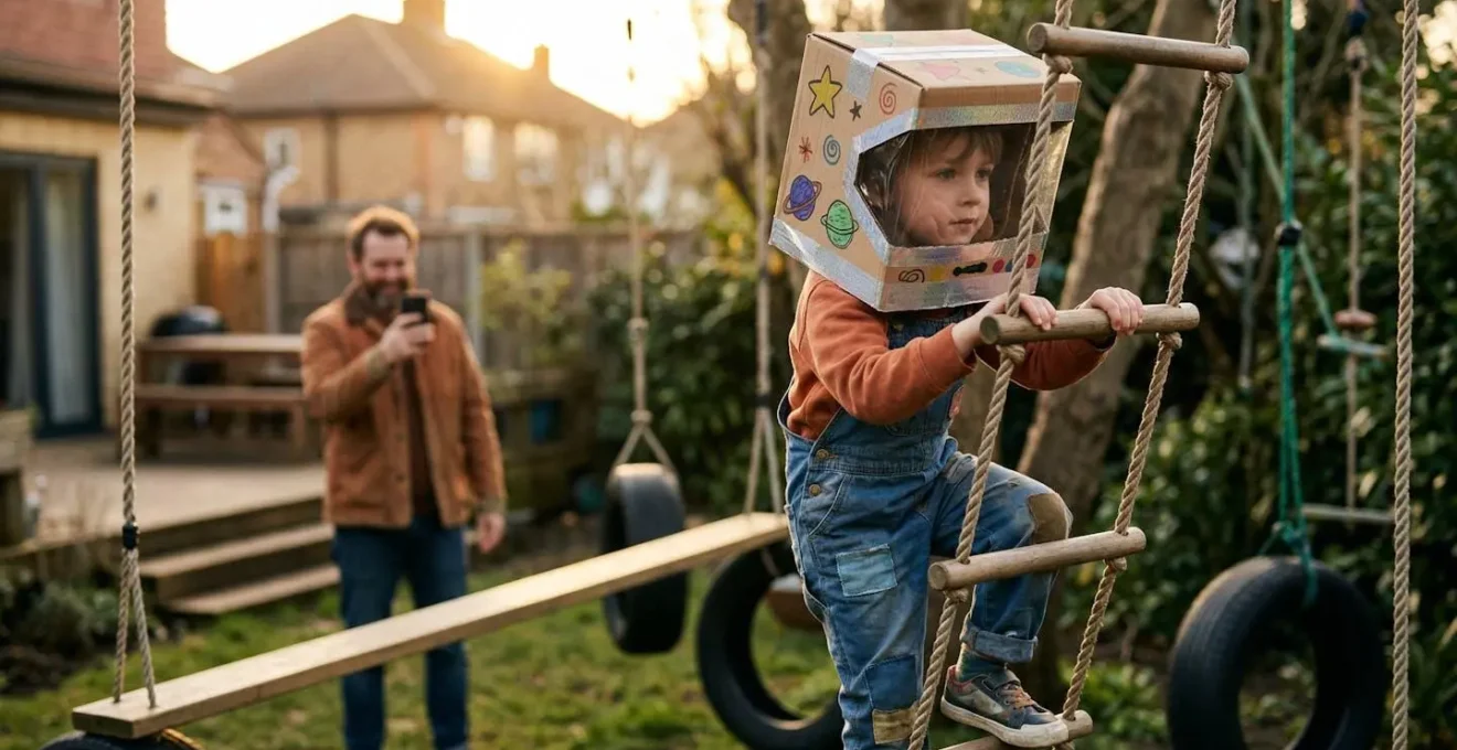 Enfant en combinaison d'astronaute improvisée s'entraînant dans un parcours spatial aménagé dans le jardin familial