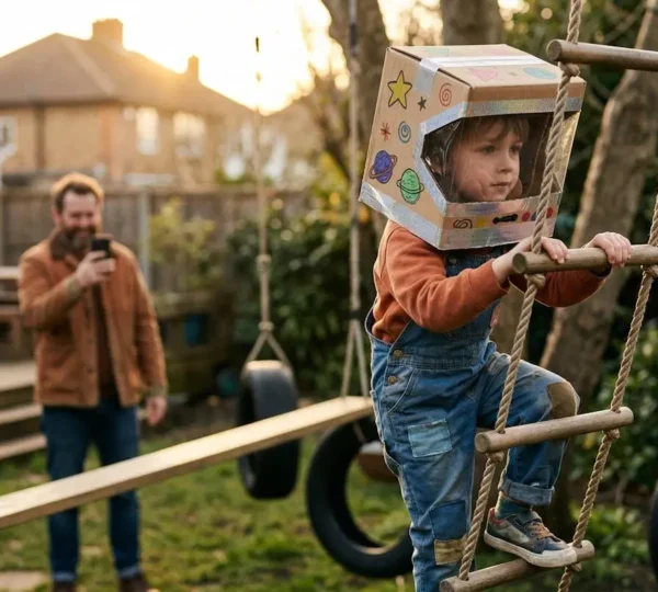 Enfant en combinaison d'astronaute improvisée s'entraînant dans un parcours spatial aménagé dans le jardin familial