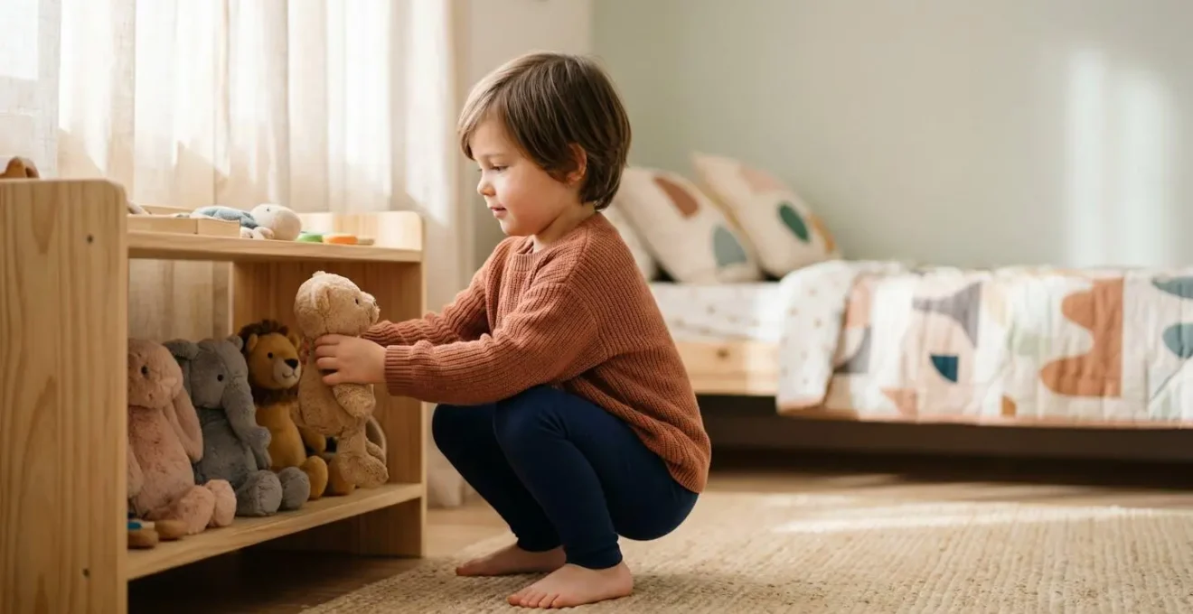 Enfant organisant sa chambre avec ses jouets et décorations personnelles