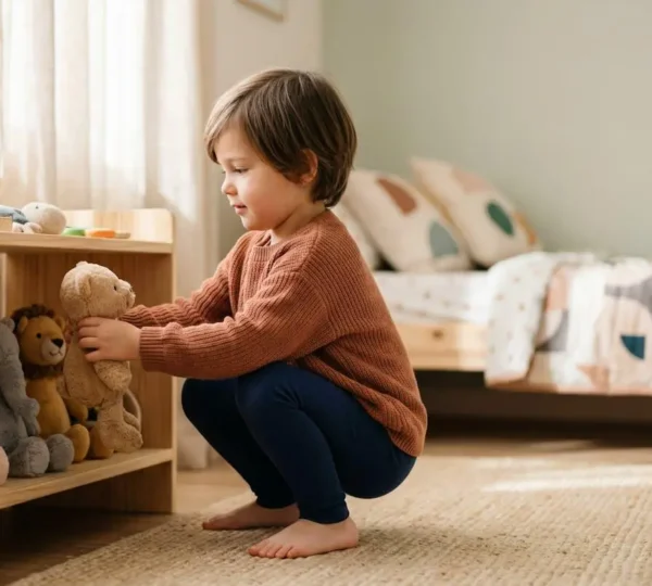 Enfant organisant sa chambre avec ses jouets et décorations personnelles