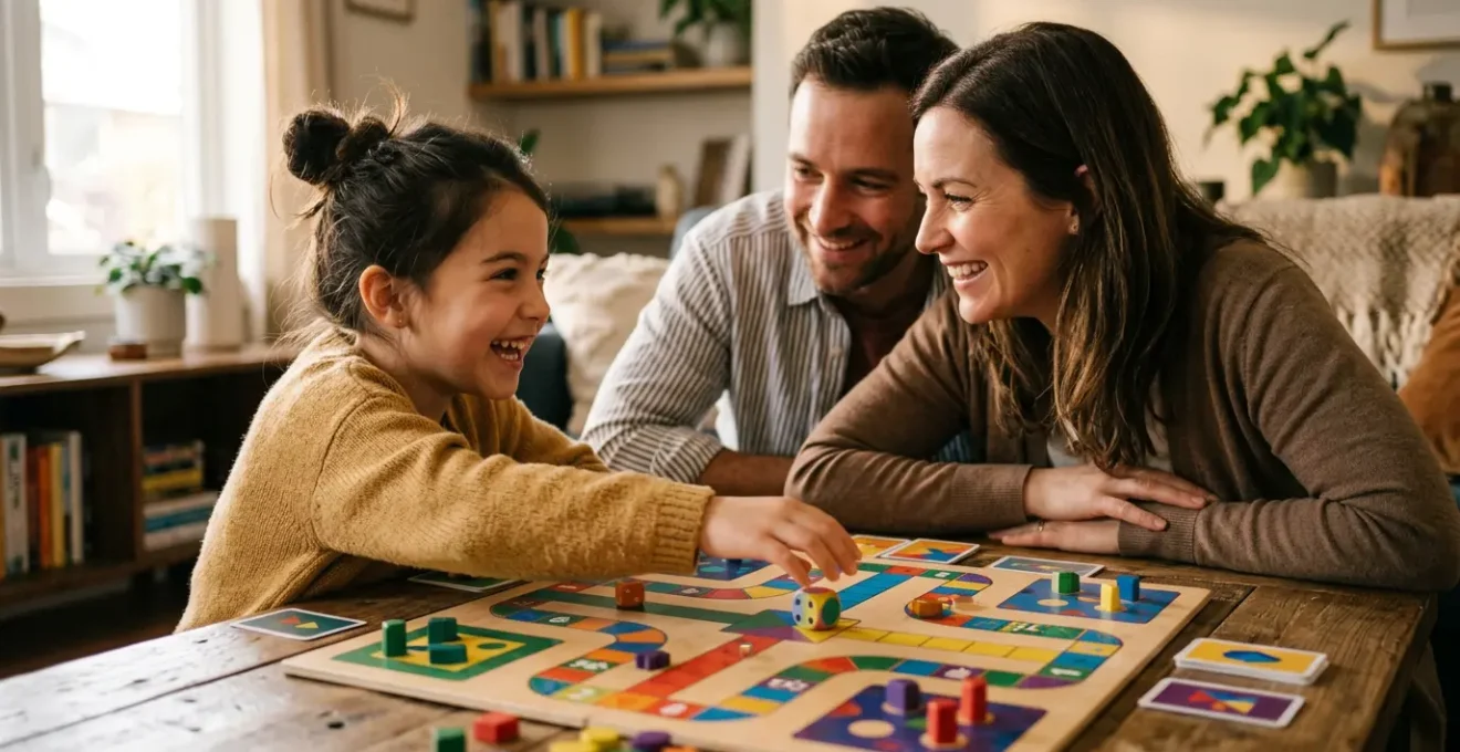 Enfant souriant jouant à un jeu de société mathématique avec ses parents autour d'une table lumineuse