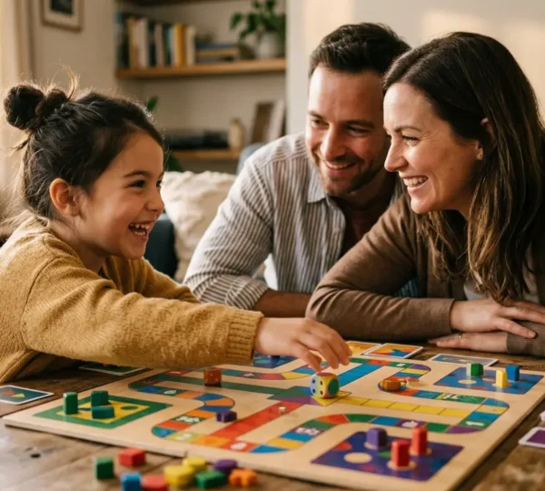 Enfant souriant jouant à un jeu de société mathématique avec ses parents autour d'une table lumineuse