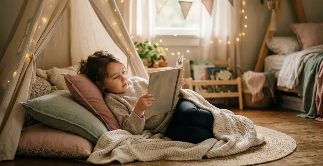 Enfant blotti dans un espace de lecture cosy avec coussins et lumière douce